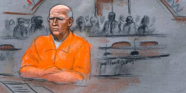 In this courtroom sketch, James "Whitey" Bulger sits at his sentencing hearing in federal court in Boston, on Nov. 13, 2013.