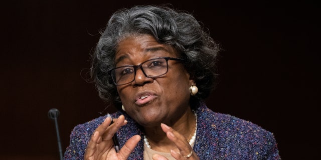 Linda Thomas-Greenfield speaks before the Senate Foreign Relations Committee hearing on her nomination to be the United States Ambassador to the United Nations on Capitol Hill in Washington Jan. 27, 2021. 