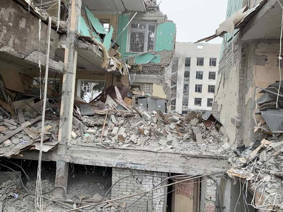 Destruction of a hospital after Ukraine reclaimed the area.