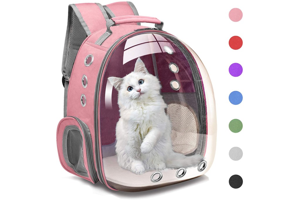 A white fluffy cat in a pink backpack case 