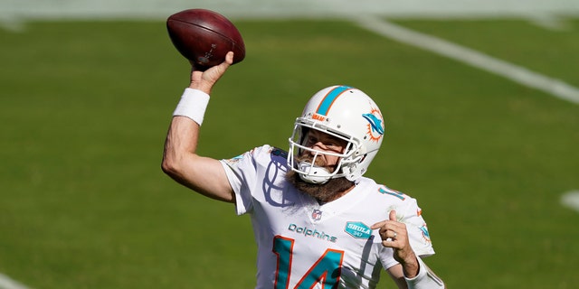 Miami Dolphins quarterback Ryan Fitzpatrick passes against the San Francisco 49ers in Santa Clara, California, on Oct. 11, 2020.