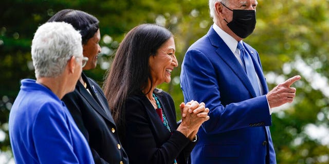 President Biden and Interior Secretary Deb Haaland are pictured during an event at the White House on Oct. 8, 2021. 