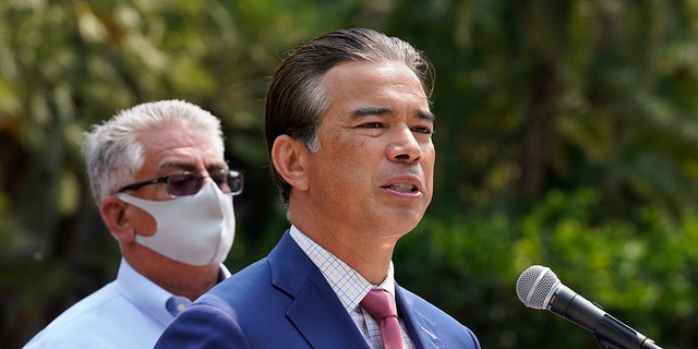 California Attorney General Rob Bonta speaks at a news conference in Sacramento.