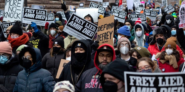 People march at a rally for Amir Locke on Saturday, Feb. 5, 2022, in Minneapolis. A funeral service will be held Thursday Feb. 17, 2022, in Minneapolis for Locke, the 22-year-old Black man shot by Minneapolis police executing a search warrant earlier this month. 