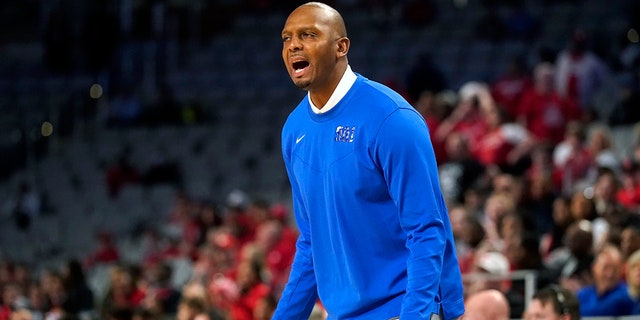 Memphis head coach Penny Hardaway yells from the sideline during the first half of an NCAA college basketball game against Houston for the American Athletic Conference tournament championship in Fort Worth, Texas, Sunday, March 13, 2022.