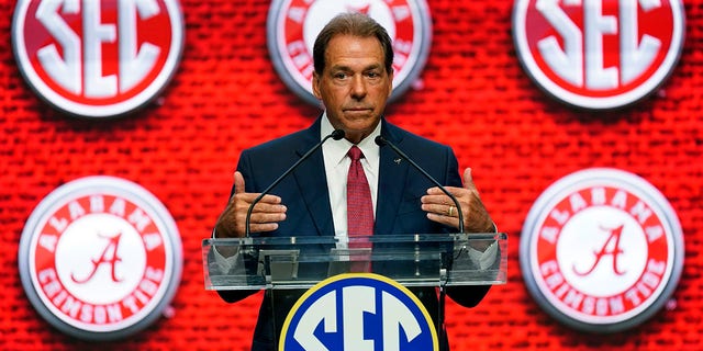 Alabama Crimson Tide head coach Nick Saban speaks during SEC Football Kickoff Media Days at the College Football Hall of Fame in Atlanta on July 19, 2022.