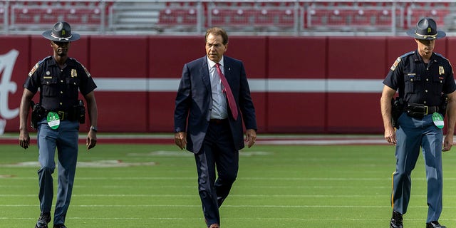 Head coach Nick Saban arrives at Bryant-Denny Stadium before the Utah State game, Sept. 3, 2022, in Tuscaloosa, Alabama.