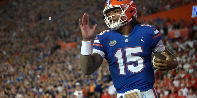 Florida quarterback Anthony Richardson (15) runs through the end zone after rushing for a 45-yard touchdown during the first half against Utah Sept. 3, 2022, in Gainesville, Fla. 