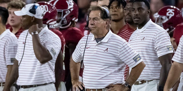 Alabama coach Nick Saban watches during the first half of the team's NCAA college football game against Utah State, Saturday, Sept. 3, 2022, in Tuscaloosa, Alabama.