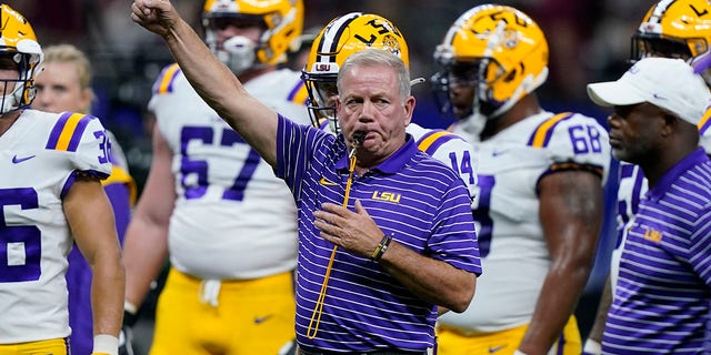 LSU head coach Brian Kelly blows his whistle before an NCAA college football game against Florida State in New Orleans, Sunday, Sept. 4, 2022. 