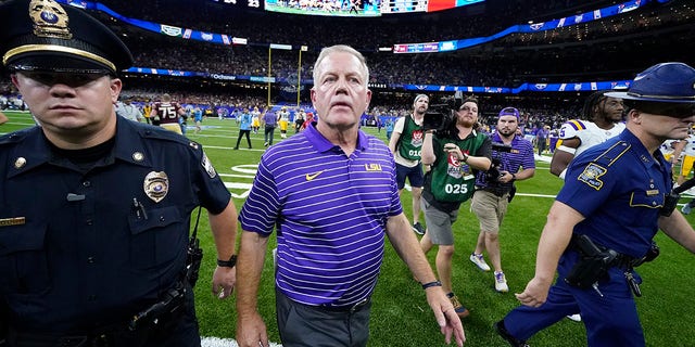 LSU head coach Brian Kelly walks off the field after their loss to Florida State in an NCAA college football game in New Orleans, Sunday, Sept. 4, 2022. Florida State won 24-23. 