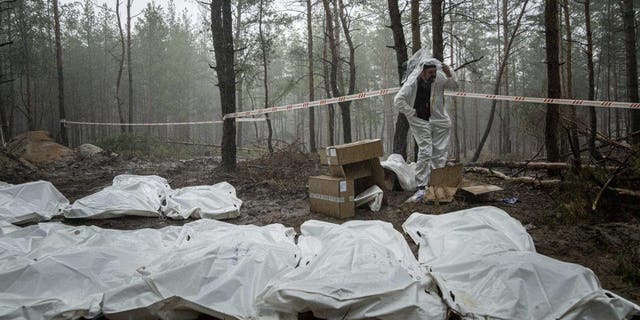 Bags with dead bodies are seen during the exhumation in the recently retaken area of Izyum, Ukraine, Friday, Sept. 16, 2022. 