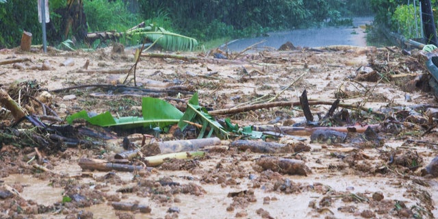 A road is blocked by a mudslide caused by Hurricane Fiona in Cayey, Puerto Rico, Sunday, Sept. 18, 2022.