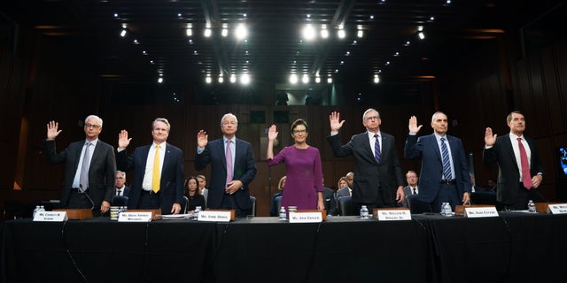 From left, Wells Fargo &amp; Company CEO and President Charles Scharf, Bank of America Chairman and CEO Brian Thomas Moynihan, JPMorgan Chase &amp; Company Chairman and CEO Jamie Dimon, Citigroup CEO Jane Fraser, Truist Financial Corporation Chairman and CEO William Rogers Jr., U.S. Bancorp Chairman, President, and CEO Andy Cecere, and The PNC Financial Services Group Chairman, President, and CEO William Demchak.