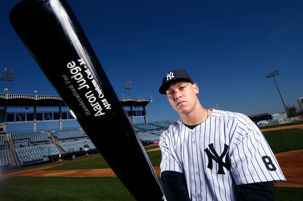 Back in 2016, Aaron Judge shows off his big bat prior to a spring training workout. 