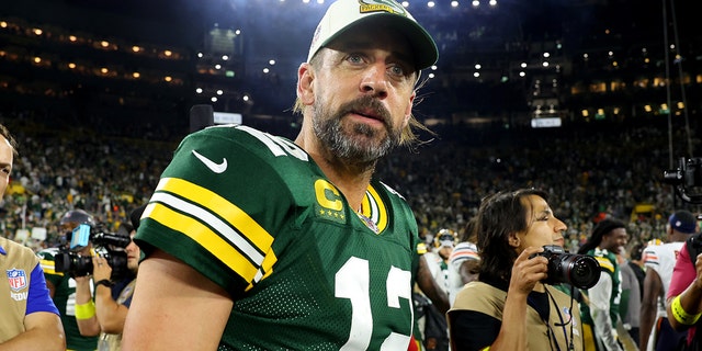 Aaron Rodgers, #12 of the Green Bay Packers, looks on after a win over the Chicago Bears at Lambeau Field on Sept. 18, 2022 in Green Bay, Wisconsin.