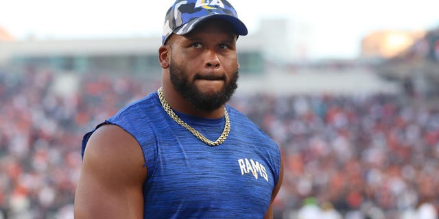 Los Angeles Rams defensive tackle Aaron Donald walks off the field after a game against the Cincinnati Bengals Aug. 27, 2022, at Paycor Stadium in Cincinnati. 