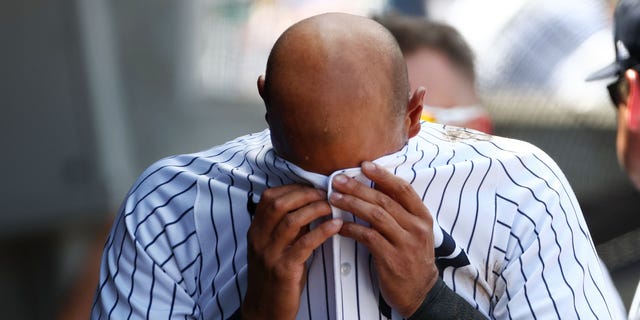 Aaron Hicks #31 of the New York Yankees reacts after striking out against the Kansas City Royals during the seventh inning of a game at Yankee Stadium on July 30, 2022 in New York City. The Yankees defeated the Royals 8-2.