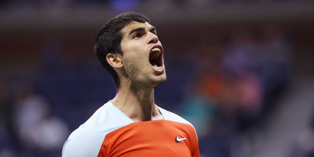 Carlos Alcaraz of Spain reacts to a lost point in a tie break against Jannik Sinner of Italy during their Men’s Singles Quarterfinal match on Day Ten of the 2022 US Open.