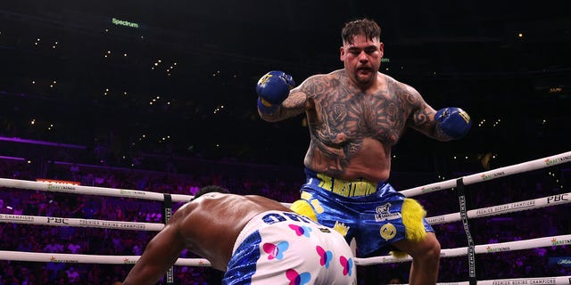 Andy Ruiz Jr. reacts after knocking down Luis Ortiz on his way to a unanimous decision win during a WBC world heavyweight title eliminator fight on Sept. 4, 2022, in Los Angeles.