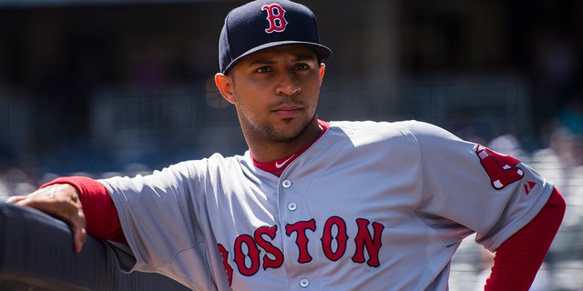 Anthony Varvaro #46 of the Boston Red Sox looks on during the game against the New York Yankees at Yankee Stadium on Saturday, April 11, 2015 in the Bronx borough of New York City.