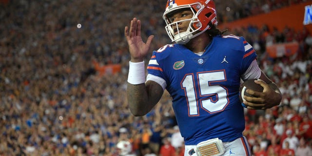 Florida quarterback Anthony Richardson runs through the end zone after rushing for a 45-yard touchdown against Utah, Saturday, Sept. 3, 2022, in Gainesville.