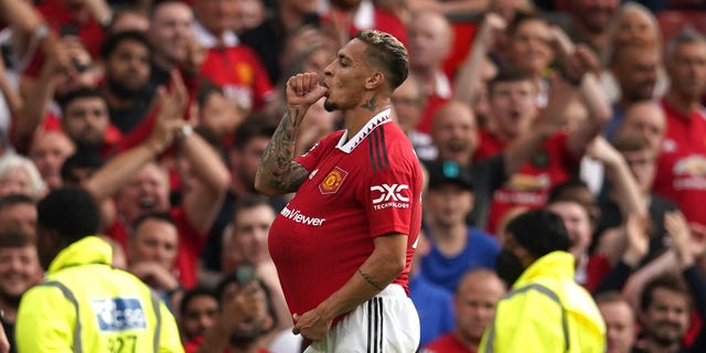 Manchester United's Antony celebrates after scoring against Arsenal, Sunday, Sept. 4, 2022.