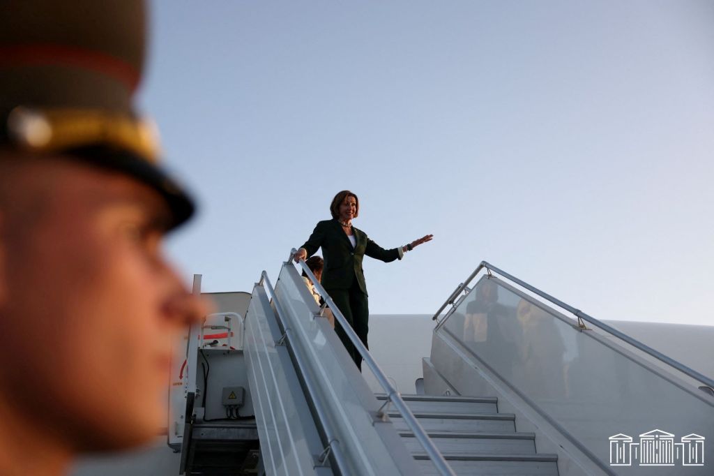 U.S. House of Representatives Speaker Nancy Pelosi disembarks from the plane as she arrives in Yerevan, Armenia.