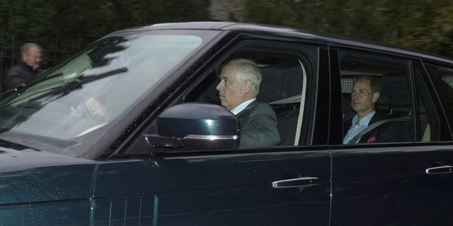 Britain's Prince William drives a car carrying Prince Andrew, Prince Edward and Sophie, Countess of Wessex into Balmoral Castle in Scotland on Thursday, Sept. 8.