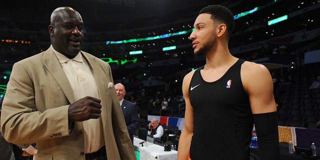 NBA Legend Shaquille O'Neal speaks with Ben Simmons as part of NBA All-Star Weekend at the Staples Center on Feb. 16, 2018, in Los Angeles, California.