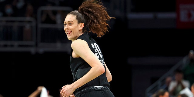 Storm forward Breanna Stewart reacts after hitting a three-point basket during the WNBA playoff semifinal against the Las Vegas Aces, Sept. 6, 2022, in Seattle.