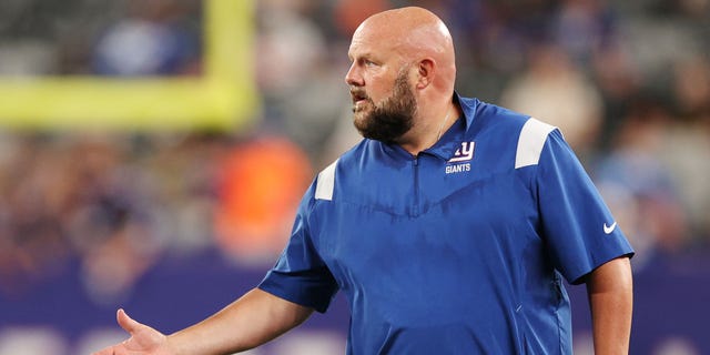 Head coach Brian Daboll, of the New York Giants, reacts during the second half of a preseason game against the Cincinnati Bengals at MetLife Stadium on Aug. 21, 2022, in East Rutherford, New Jersey. The Giants won 25-22.