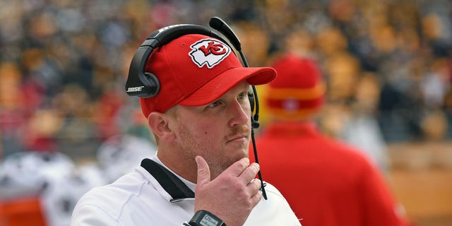 Quality control coach Britt Reid of the Kansas City Chiefs looks on from the sideline before a game against the Pittsburgh Steelers at Heinz Field on December 21, 2014 in Pittsburgh, Pennsylvania.  The Steelers defeated the Chiefs 20-12.