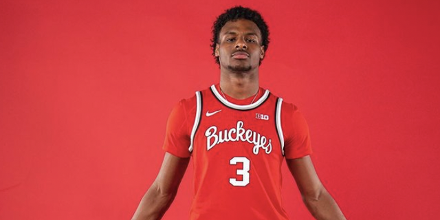 LeBron James "Bronny" Jr. poses with an Ohio State Buckeyes jersey.