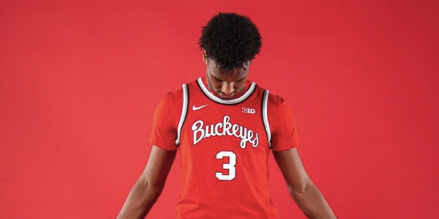 LeBron James "Bronny" Jr. poses in an Ohio State Buckeyes jersey while holding two basketballs.