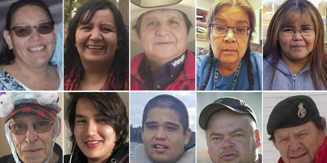 This combination of photos provided by Royal Canadian Mounted Police shows stabbing victims, from top left, Bonnie Burns, Carol Burns, Christian Head, Lydia Gloria Burns, and Lana Head. From bottom left, Wesley Petterson, Thomas Burns, Gregory Burns, Robert Sanderson and Earl Burns.