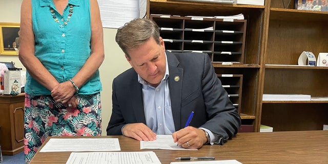 Republican Gov. Chris Sununu of New Hampshire files for reelection, at the State House in Concord, New Hampshire on June 10, 2022