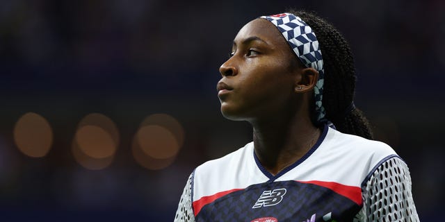 Coco Gauff of the United States looks on against Caroline Garcia of France during their Women’s Singles Quarterfinal match on Day Nine of the 2022 US Open at USTA Billie Jean King National Tennis Center on September 06, 2022 in the Flushing neighborhood of the Queens borough of New York City. 