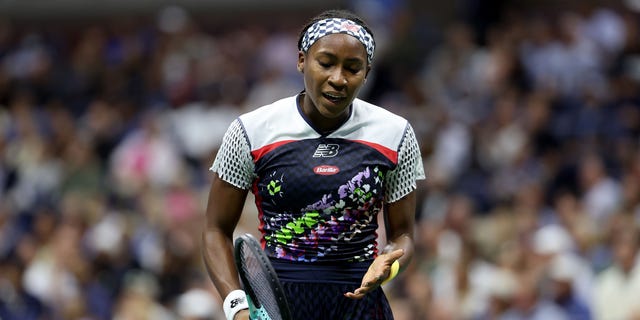 Coco Gauff of the United States reacts against Caroline Garcia of France during their Women’s Singles Quarterfinal match on Day Nine of the 2022 US Open at USTA Billie Jean King National Tennis Center on September 06, 2022 in the Flushing neighborhood of the Queens borough of New York City.