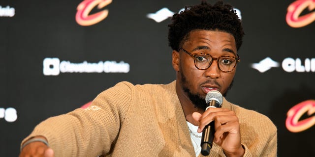 Donovan Mitchell speaks during a press conference where he was introduced at Rocket Mortgage Fieldhouse on September 14, 2022 in Cleveland, Ohio. 