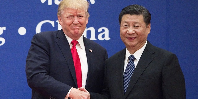 US President Donald Trump and China's President Xi Jinping shake hands.