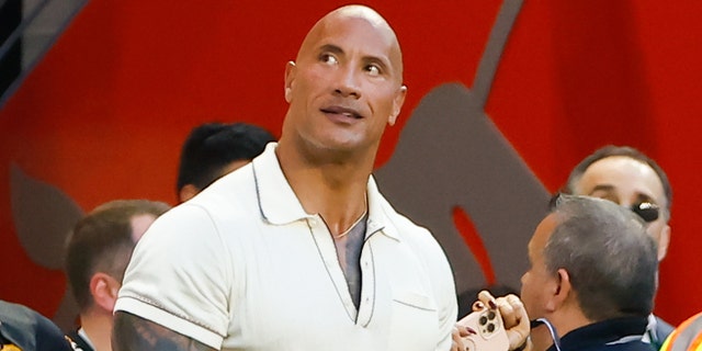 Actor Dwayne "The Rock" Johnson during halftime of the game between FC Barcelona and the New York Red Bulls on July 30, 2022 at Red Bull Arena in Harrison, New Jersey. 