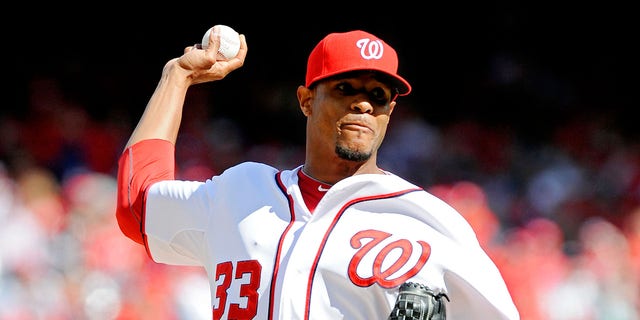 Edwin Jackson of the Washington Nationals pitches against the St. Louis Cardinals during Game 3 of the National League Division Series at Nationals Park Oct. 10, 2012, in Washington, D.C.