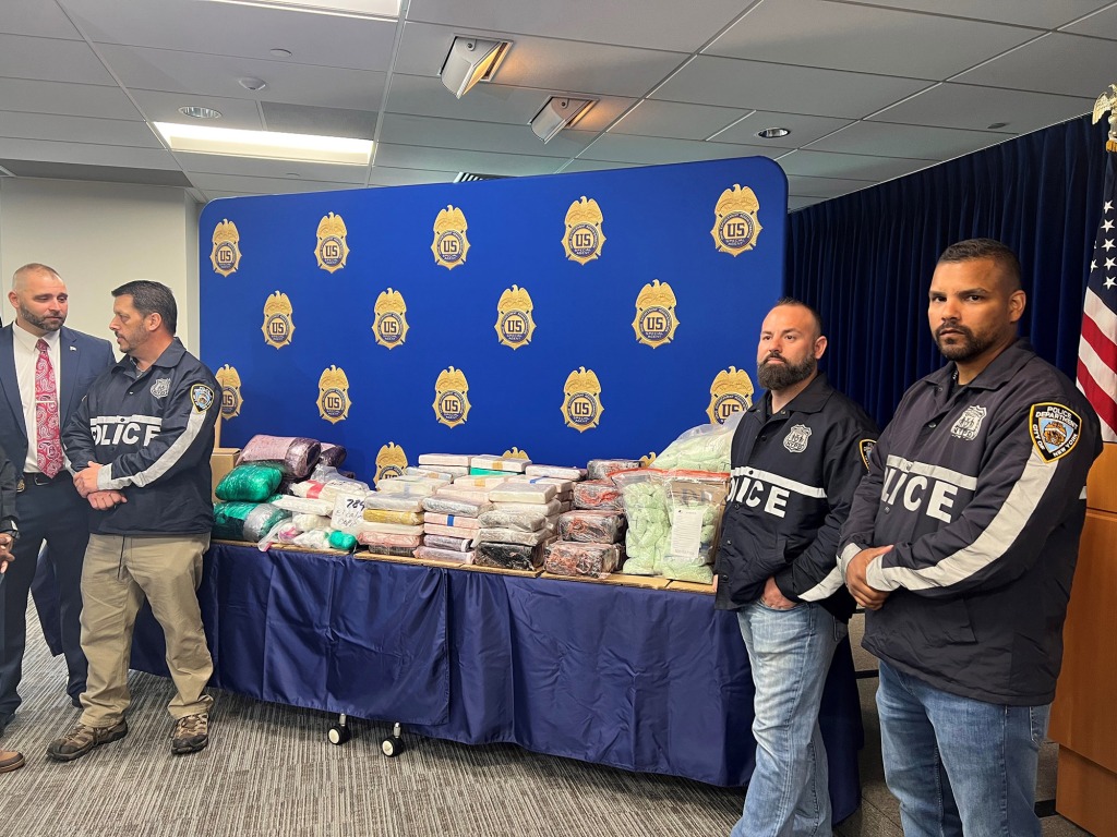 Law enforcement officials display a massive seizure of fentanyl, which is responsible for 78 percent of all overdose deaths in New York City. 