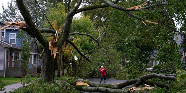 Georgina Scott surveys the damage on her street in Halifax as post tropical storm Fiona continues to batter the area on Saturday, Sept. 24, 2022.  Strong rains and winds lashed the Atlantic Canada region as Fiona closed in early Saturday as a big, powerful post-tropical cyclone, and Canadian forecasters warned it could be one of the most severe storms in the country's history.  