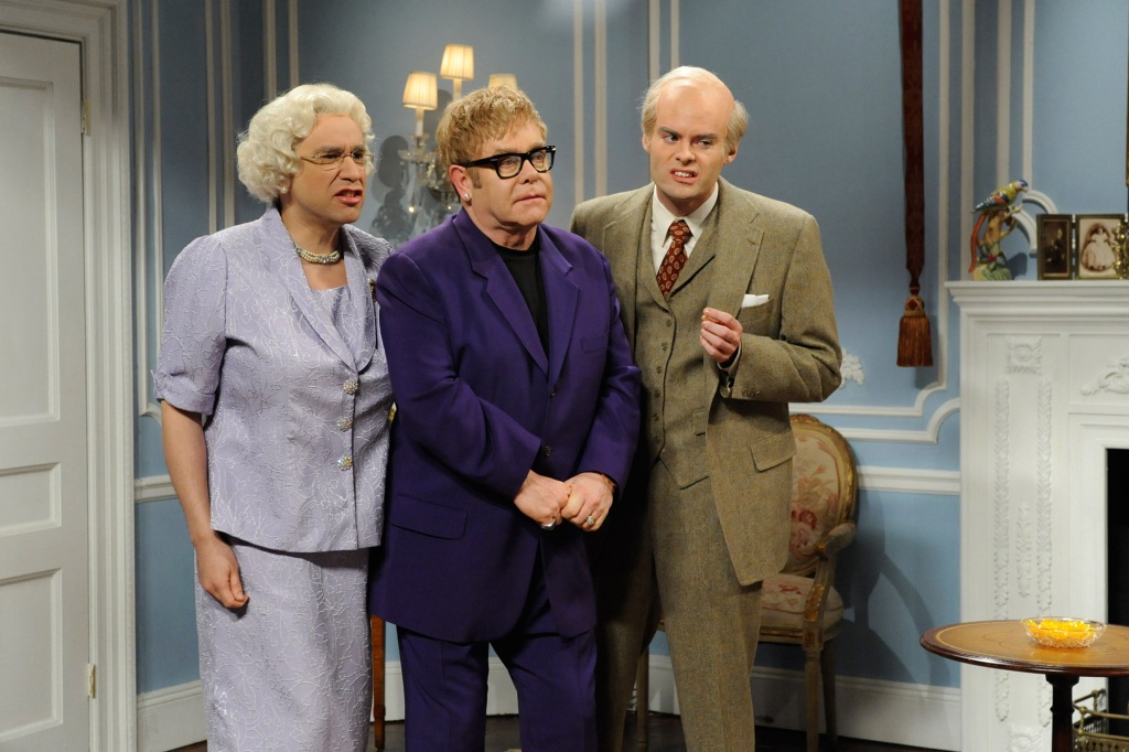 Fred Armisen as Queen Elizabeth, Elton John and Bill Hader as Prince Philip in a 2011 episode of "Saturday Night Live."