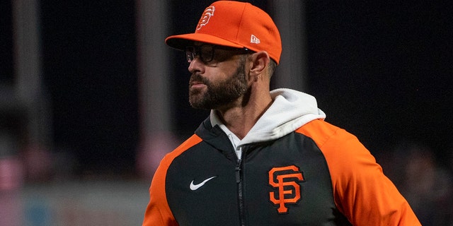 San Francisco Giants manager Gabe Kapler, #19, looks on during the sixth inning against the San Diego Padres at Oracle Park in San Francisco Aug. 30, 2022.