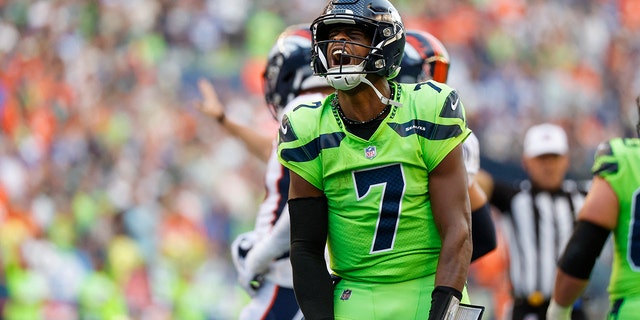 Seattle Seahawks quarterback Geno Smith, #7, reacts following a play against the Denver Broncos during the second quarter at Lumen Field in Seattle Sept. 12, 2022.