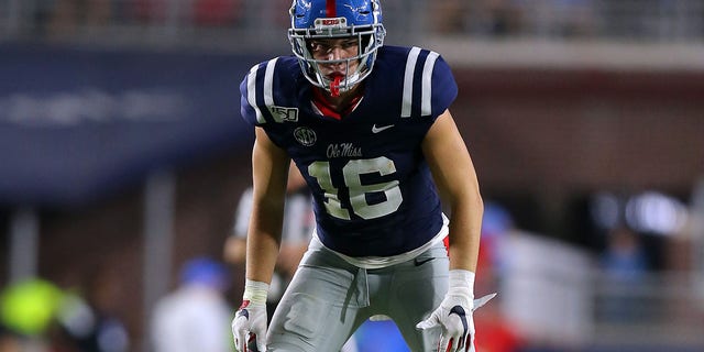 Luke Knox, #16 of the Mississippi Rebels, in action during a game against the Vanderbilt Commodores at Vaught-Hemingway Stadium on Oct. 5, 2019 in Oxford, Mississippi. 