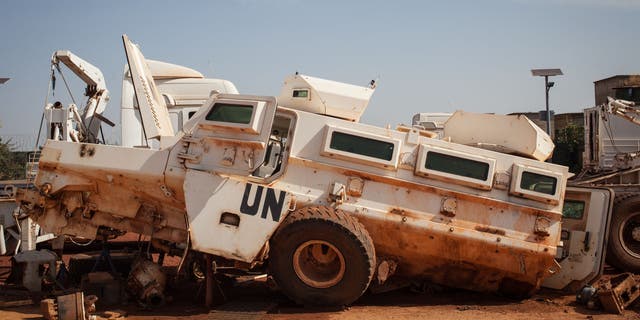 A United Nations (UN) armored vehicle that had been hit by and an improvised explosive device (IED). Improvised explosive devices hidden on the way of Malian and foreign soldiers operating in Mali are one of the most frequent attacks by the jihadist armed groups operating in Mali. (AMAURY HAUCHARD/AFP via Getty Images)